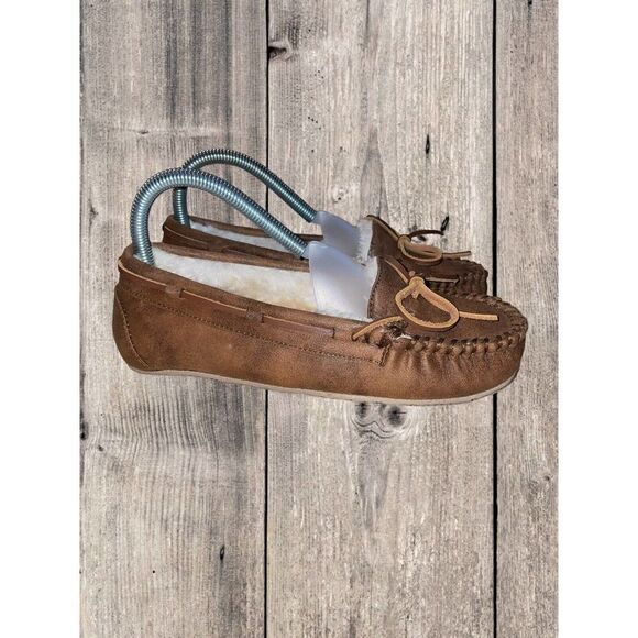 Minnetonka Slippers Womens Size 6 Brown Faux Fur Lined Fabric Britt Trapper - Picture 1 of 9